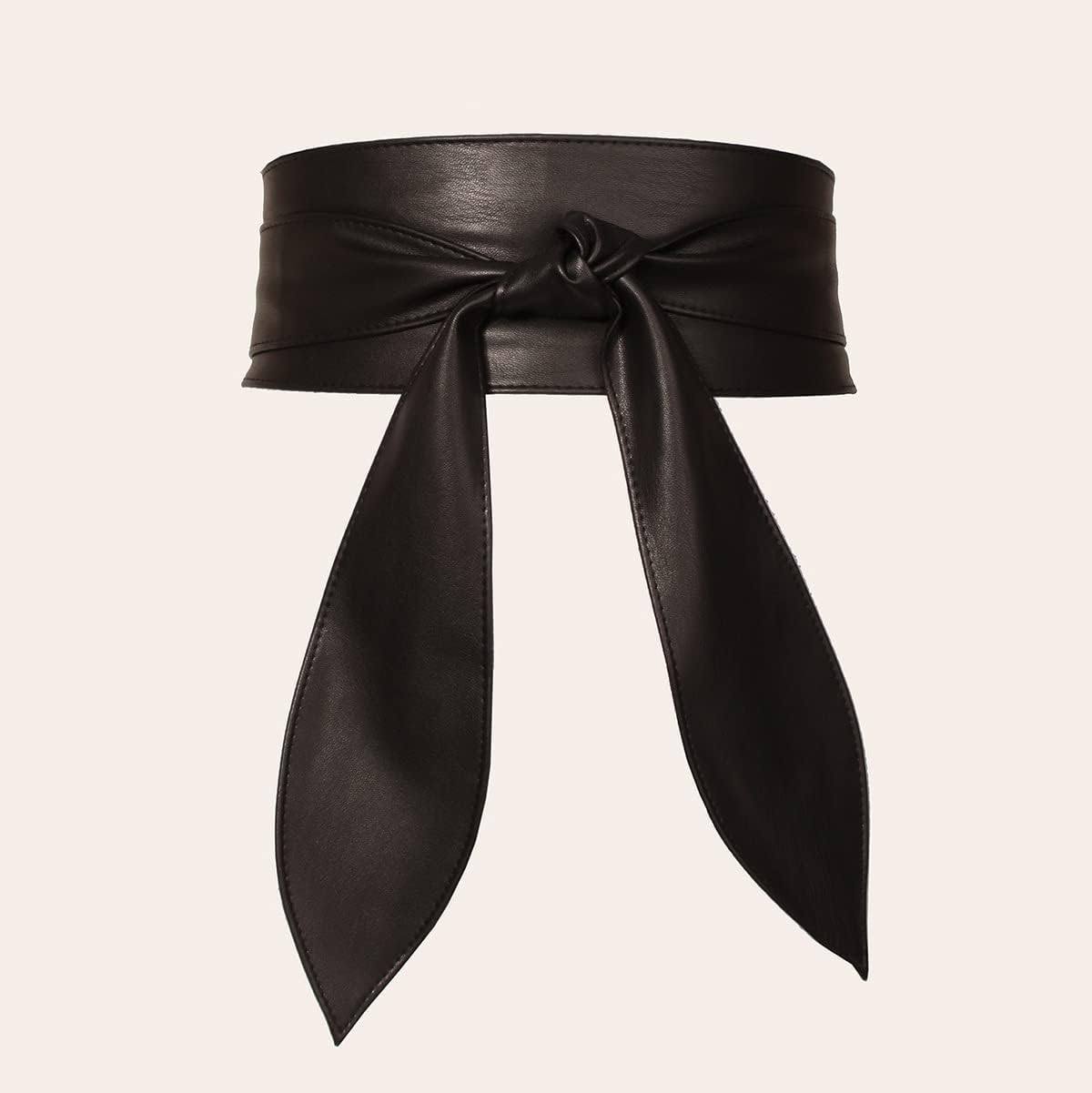Women Obi Belt Bow Tie Wrap Wide Waistband Faux Leather Wide Cinch Belt for Dresses - Black