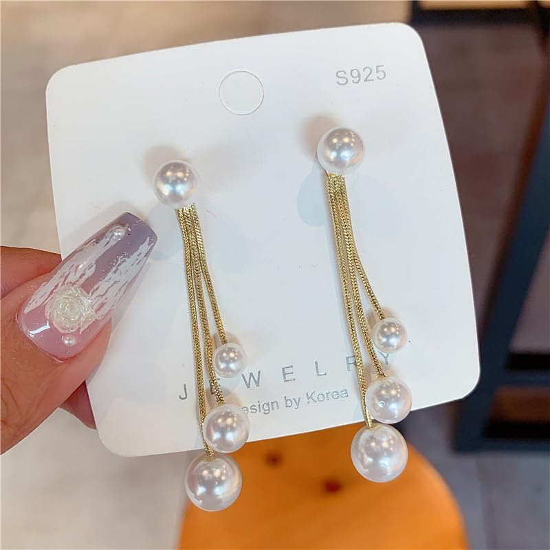Long Pearl Drop Tassel Earrings for Women Dangling Gold Plated Chain and Big Pearls Dangle Dangly Hanging Wedding Bridal Earring Fashion Prom Jewelry - Image 6