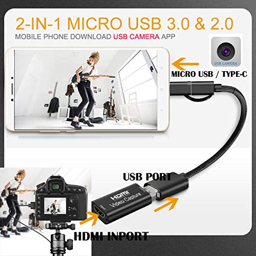 Video Capture Card, HDMI to USB/Micro USB/Type-C Game Capture Card 1080P Record via DSLR Camcorder Action Cam
