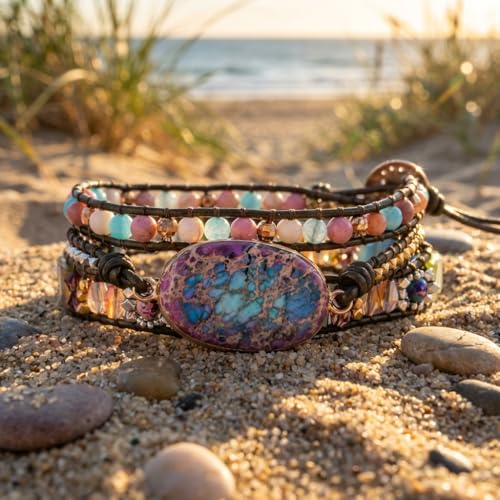 Image of YGLINE Boho Handmade Natural Stone Wrap Bracelets Jasper Crystal Beads Bracelet Jewelry