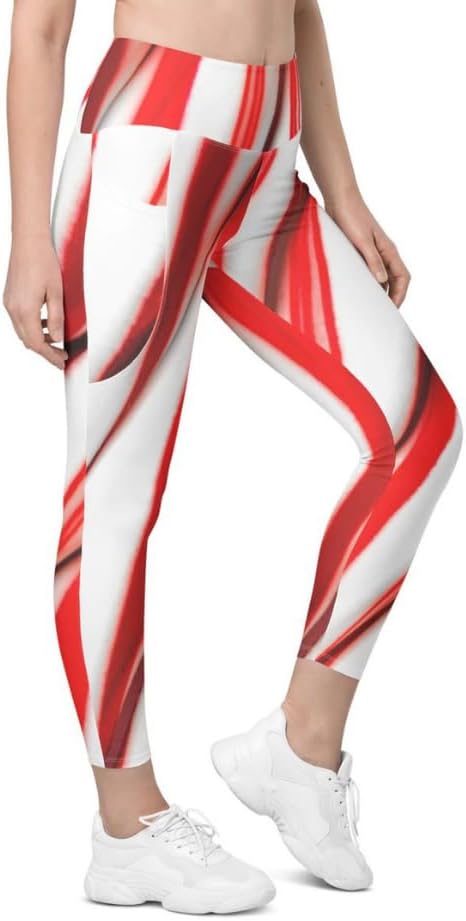 FIERCEPULSE 3D Candy Cane Christmas Leggings with Pockets – High-Waisted Holiday Print Leggings for Women