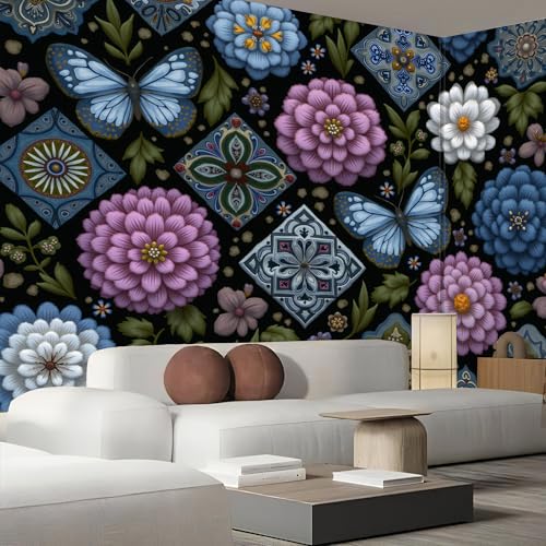Papier peint panoramique patchwork rétro avec fleurs et papillon bleu - 5