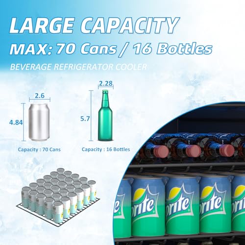 Image of 1.6 Cubic Feet Mini Fridge, 70 Can Freestanding Beverage Refrigerator with Glass Front Door for Soda, Beer Under Counter Small Refrigerator with Adjustable Shelves and Digital Display(Silver)
