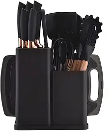 Kit 19 Peças Utensilios Cozinha Silicone Com Facas Antiaderente Cabo De Madeira Tratada Kit Com Colher Concha Espatula Pegador Tesoura Tabua - Jogo Completo Premium.
