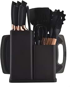 Kit 19 Peças Utensilios Cozinha Silicone Com Facas Antiaderente Cabo De Madeira Tratada Kit Com Colher Concha Espatula Pegador Tesoura Tabua - Jogo Completo Premium.