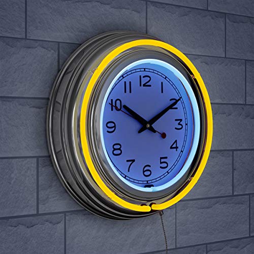 Trademark Gameroom Lavish Home Retro Neon Wall Clock - Battery Operated Wall Clock Vintage Bar Garage Kitchen Game Room – 14 Inch Round Analog (Yellow And White), 14.5” X (H) 3” (99-1099Yel) #TOP5