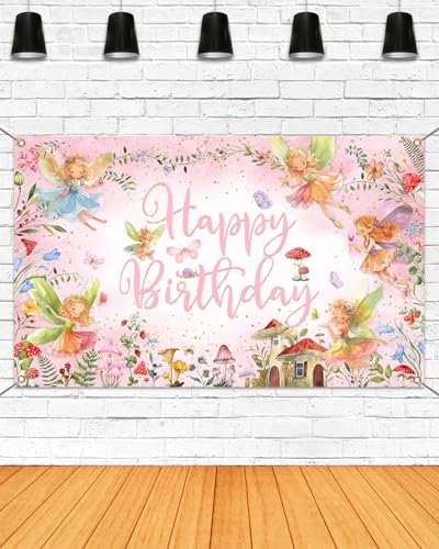 Mocsicka Fairy Birthday Backdrop Banner Pink Little Fairy Happy B...