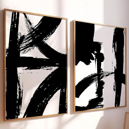 Modern Abstract Wall Art, Set of 2, Black and White Brush St