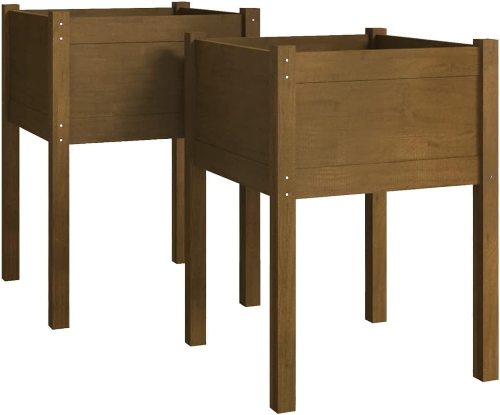 Set of 2 Solid Pinewood Planters Boxes in Honey Brown 19.7x19.7x27.6 Inch for Garden Balcony Terrace Greenery Storage