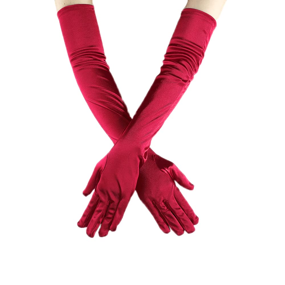 Duories Classic Women's Gloves Long Elastic Elegant 1920s Style Evening Gloves Satin Gloves Gothic Opera Festival Party Wedding Bridal Gloves for Festive Fancy Dress Costumes Carnival Wine Red