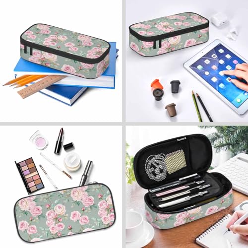 Image of Pink Blooming Flower Pencil Holder Bag Roses Peonies Bouquets Leaves Garden Pencil Case College Office School for Teens Boy Girl