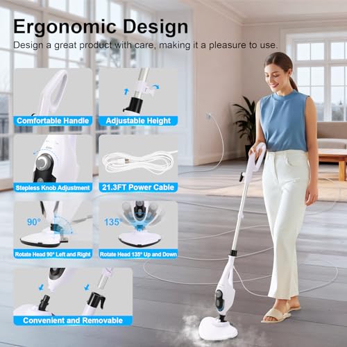 11-in-1 Steam Mop, 1550W Powerful Handheld Steam Cleaner, 260°F Multi-Functional Floor Steamer with 21.3FT Cord for Floors, Hardwood, Tiles, Grout, Windows, Kitchen, Bath, Adjustable (White) by McovaringMee - Image 2