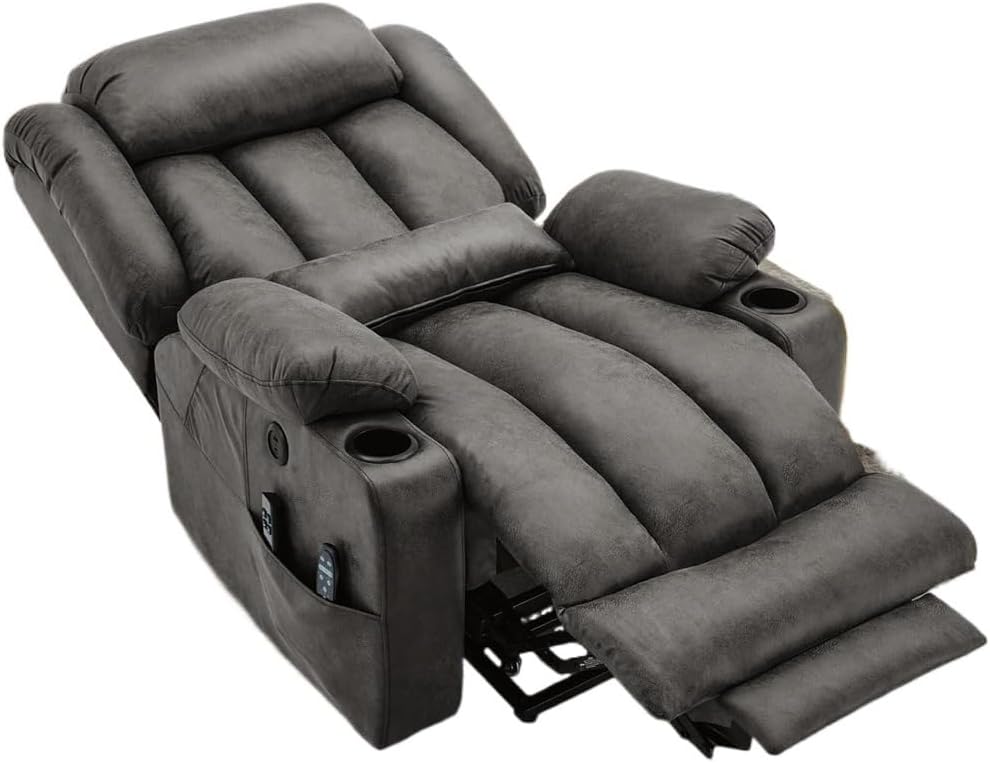 Dual Motor Oversized Electric Lift Recliner Chair for Elderly Adults Heated Massage Gray Sleeper Sofa Lay Flat Extended Footrest Adjustable Lumbar Pillow USB Type C