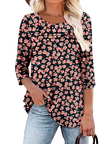 KISSMODA Women's Casual 3/4 Sleeve T-Shirts Round Neck Cute Tunic Tops Basic/Pleated Summer Tops Trendy Spring Blouses