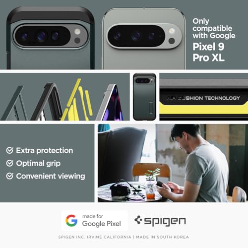 Image of Spigen Tough Armor Back Cover Case for Pixel 9 Pro XL, Dual-Layer Extreme Protection, Integrated Kickstand - Polycarbonate + TPU | Abyss Green