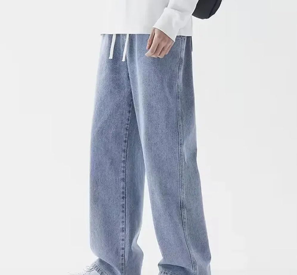 Men’S Streetwear Loose Jeans Mid Waist Straight Leg Denim Pants Casual Drawstring Closure Jeans3