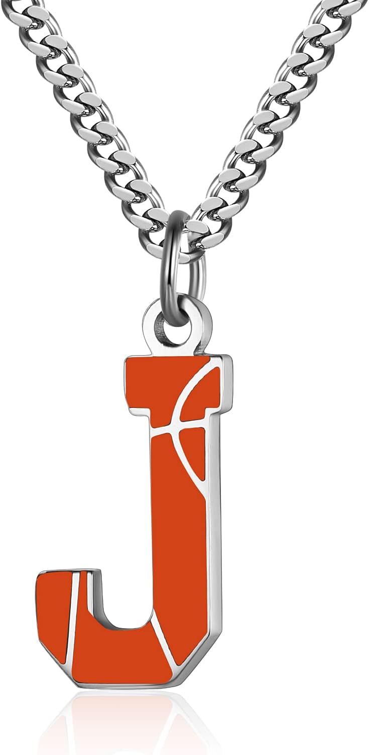 Basketball Letter Necklace - Men's Basketball Charm Pendant, Stainless Steel Silver Chain, 22 inch Personalized Gift