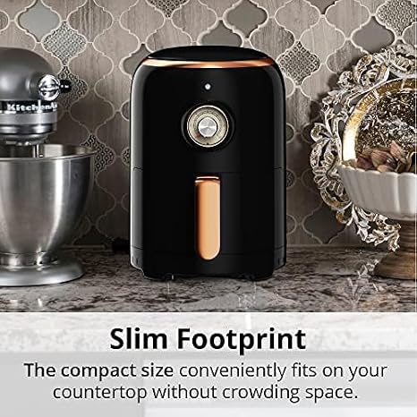 Aria Air Fryers 2Qt Retro Style Ceramic Build, Small Compact Size Airfryer, Easy Clean & Dishwasher Safe, Ceramic Nonstick Teflon Free Small Convection, Black/Stainless Trim & Basket Handle