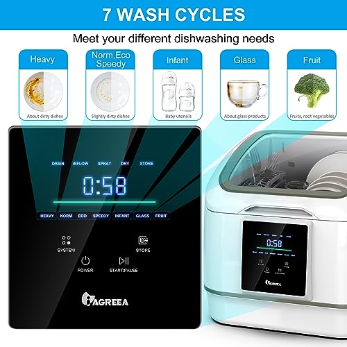 IAGREEA Portable Countertop Dishwasher, 7 Washing Programs Compact Mini Dishwasher, No Hook Needed, Anti-Leakage, Fruit & Vegetable Soaking, For 4 Sets of Tableware
