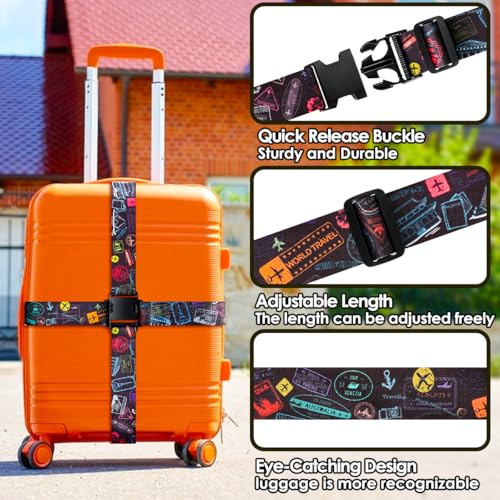Image of Gutsdoor Luggage Straps for Suitcases Adjustable Travel Belt, Connector Holds Suitcase Bright Colorful Identifiers Travel Bag Accessories (Airplane Black)