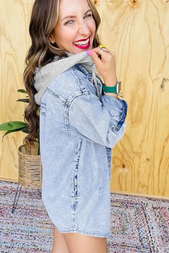 Ecosunny Womens Casual Long Sleeve Button Down Shirt Jacket Oversized Contrast Hooded Denim Lightweight Coat Tops3