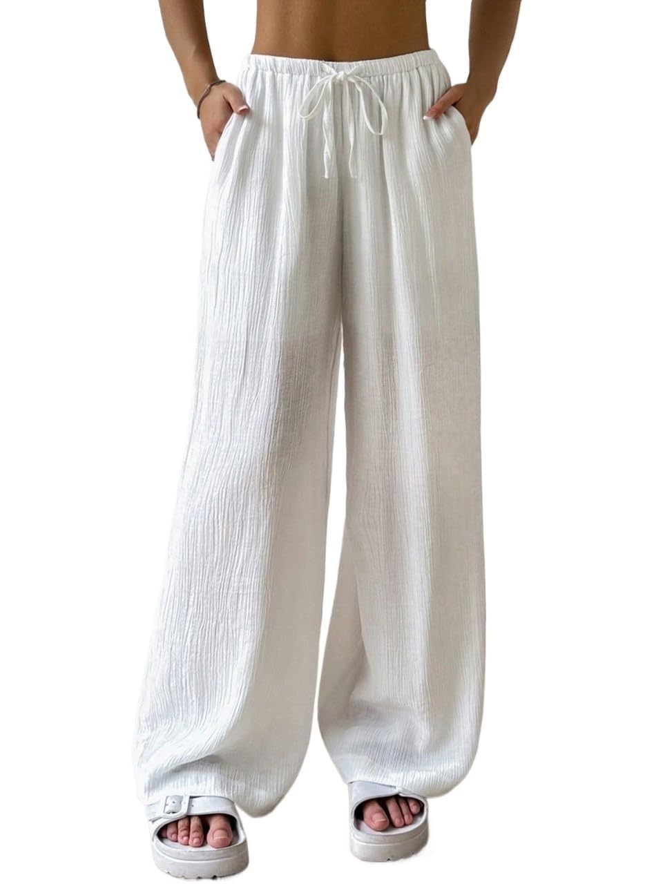 QJQ Womens Drawstring Waist Wide Leg Elegant Linen Palazzo Pants Elastic High Waisted Loose Trousers 2026