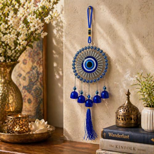 Image of Jaipur Ace 5 Bell Evil Eye Hanging Wind Chime for Home & Balcony Decor - Blue Nazar Protection Charm with Soothing Sound, Decorative Wall Hanging for Positive Energy, Living Room & Gift Use