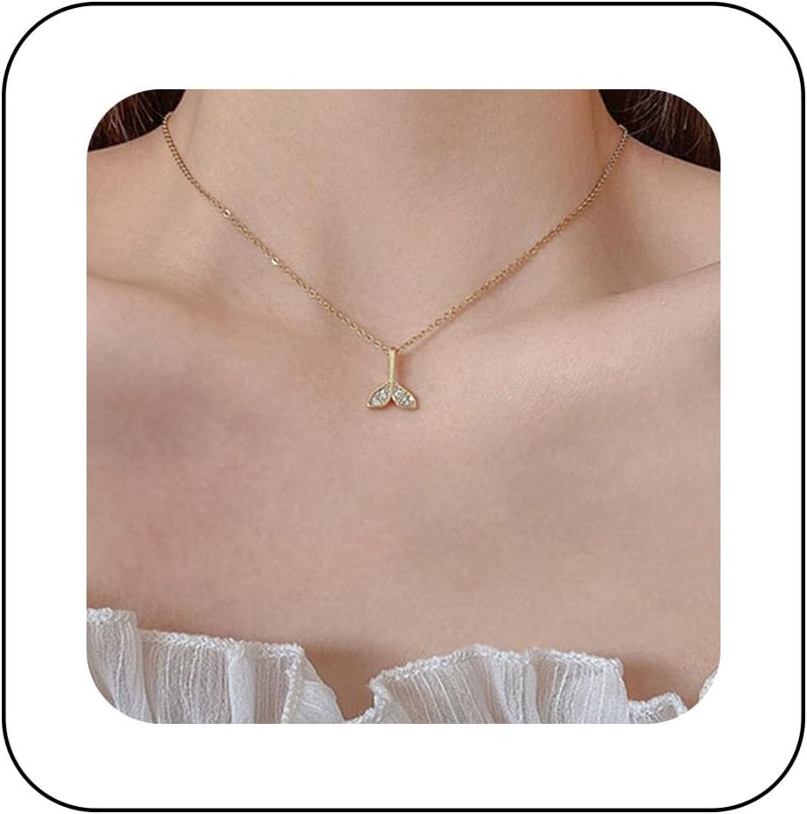 YienDoo Boho Fishtail Necklace Choker Gold Mermaid Tail Pendant Necklace Minimalist Tiny Rhinestone Fishtail Charm Choker Cute Whale Dolphin Tail Necklace Beach Jewelry for Women