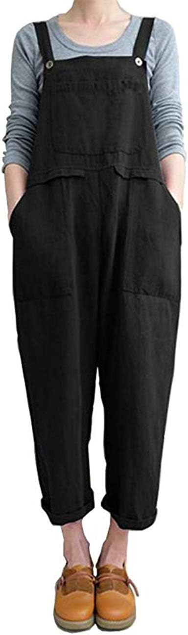 Women's Baggy Linen Overalls Jumpsuit Loose Rompers Wide Leg Casual Pants with Pockets