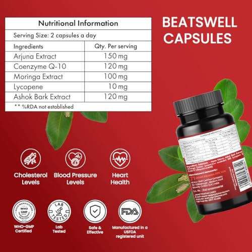 Image of Jagat Pharma Beatswell - Heart Health Supplement with Arjuna, CoQ10, Moringa & Lycopene | 60 Capsules | WHO-GMP Certified | Lab Tested | Natural Cardio Support