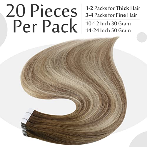 Full Shine 14 Inch Tape In Hair Extensions Human Hair Ombre Balayage Hair Extensions Tape Dark Brown Roots Color 3 Fading To 8 Light Brown And 22 Blonde Highlighted Extensions 20 Pieces 50 Grams #TOP3