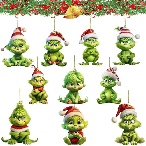 10 Stück G-rinch Weihnachtsbaum Deko,mit elastischer Kordel 2D acryl...