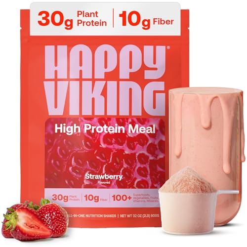 Happy Viking Plant-Based Vegan Protein Powder +100 Superfoods Strawberry Meal Replacement Shake Created by Venus Williams 30g Plant Protein 10g Fiber Gluten-Free Non-GMO 15 Meals