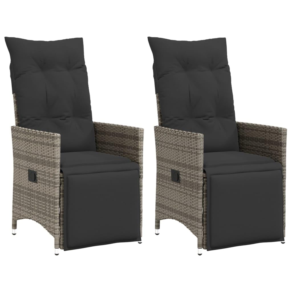 Poltrona da giardino regolabile con cuscino, 2 pezzi, grigio polyrattan, in rattan sintetico, per esterni, con schienale e poggiapiedi regolabili, rivestimenti lavabili rimovibili,