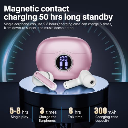 Image of Wireless Earbuds, Bluetooth 5.3 Headphones HiFi Stereo 50H Playback LED Digital Display Ear Buds with ENC Noise Canceling Headset, IPX7 Waterproof Earphones for Gym /Running /Work（Pink）
