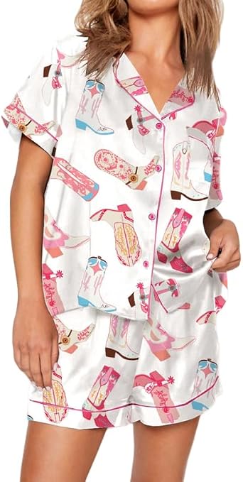 Passec Womens Christmas Pajamas Shorts Sets Satin Silk 2 Pieces Xmas Pj Set Bown Down Bow Holiday Jammies
