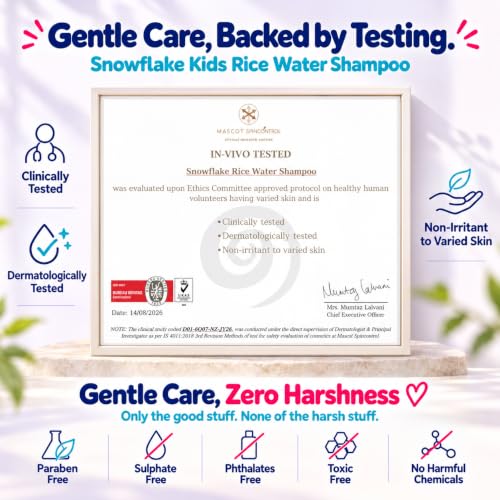 Image of Snowflake Kids Rice Water Shampoo for Children, with Hibiscus Oat Protein & Pro-Vitamin B5, Tear Free Soap Free pH Balanced, Soft Tangle Free Easy Comb, Dermatologically Tested (200ml)