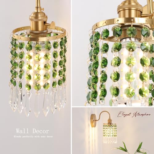 Image of Shenmoyl Set of 2 Crystal Battery Operated Wall Sconce, Rechargeable Battery Powered Wall Lamp with Remote Control, Modern Dimmable Wall Lights for Bedroom Bathroom(Green, Gold Base)