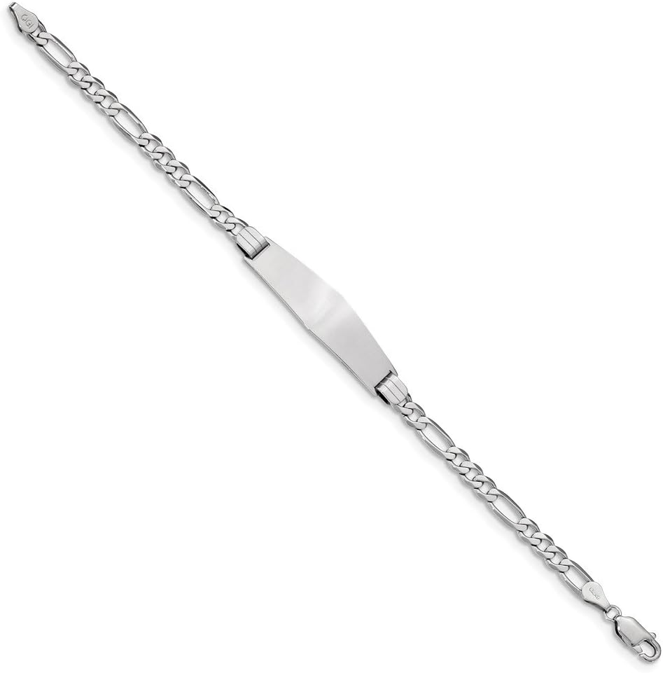 Real 14kt White Gold Figaro Link Soft Diamond Shape ID Chain Bracelet; 8 inch