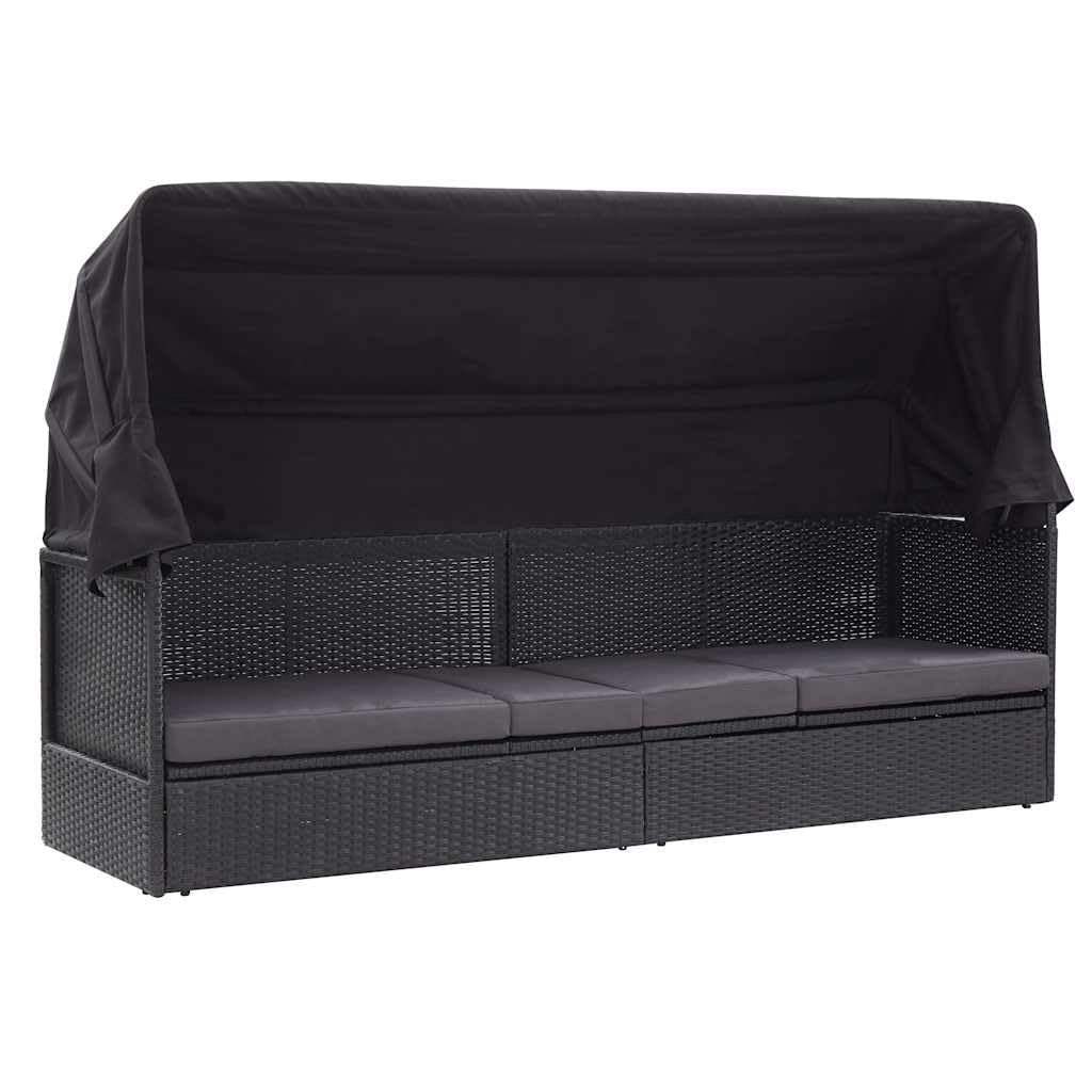 Divano letto da esterno con tettuccio in rattan sintetico resistente, nero, resistente alle intemperie, con tettuccio parasole girevole, 205 x 62 x 124 cm, cuscino morbido per prendere il