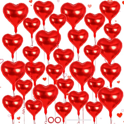 30 Pcs Red Heart Balloons 3 Sizes Heart Foil Mylar Balloon Valentine Day Party Decorations Love Balloon Valentine Balloons for Birthday Party Wedding Baby Shower Valentine Day Decorations (Red)