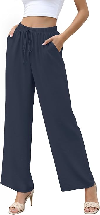 YSYOKOW Womens Summer Wide Leg Pants High Waisted Lightweight Flowy Lounge Pants with Pockets Elastic Waist DrawstringNavy Blue, Medium