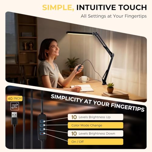 Image of Swing Arm LED Desk Lamp with Clamp, USB Powered Dimmable Table Lamp, 3 Color Modes & Adjustable Brightness, 360 Flexible Gooseneck Architect Light for Study, Office, Reading & Workbench