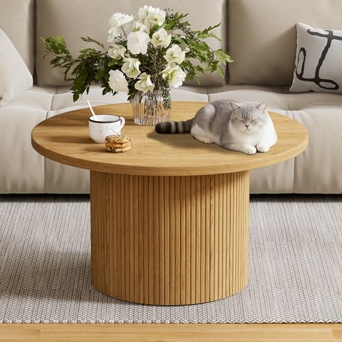 Image of Furniway Round Coffee Table, 35.4 inch Circle Wide Coffee Table, Wood Table and Center Table for Living Room, Natural