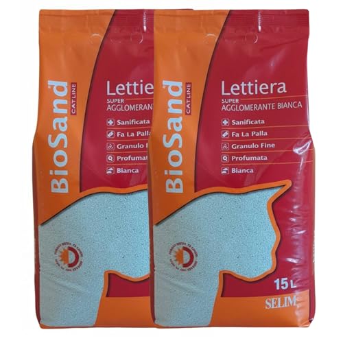 OFFERTA 2 Confezioni BioSand Lettiera Gatto Super Agglomerante Bianca - 15L - Sabbia Bentonite Naturale Sanificata e Profumata al Talco - Granulo Fine, Massima Igiene e Controllo Odori.