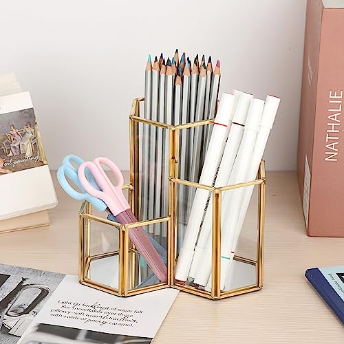 Hipiwe Glass Makeup Brush Holder 3 Slot Gold Desktop Pen Pencil Pot Cup by Hipiwe - Used condition - Image 4