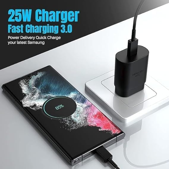 Image of Charger Original 25W Type C Super Fast Charger Adaptor Android Phone Wall Charger for Galaxy S23 Ultra /S23 /S23 Plus /S22 /S22 Ultra /Galaxy Tabs Black (DP59)
