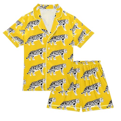 senya Cheetah Satin Summer Pajama Sets Silk Short Sleeve Button Down Sleepwear