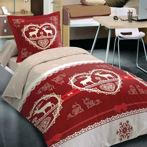 Alpes Blanc - Housse de Couette Coton 140x200 Chalet Winter Rouge + taie - 100% Coton- 57fils/cm²-Grand Teint -Finition Rabat à Border