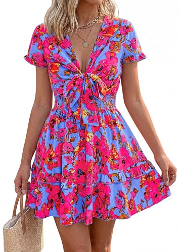 PRETTYGARDEN Women Summer Short Dress 2026 Casual V Neck Short Sleeve Tiered Bow Mini Sun Dresses Beach Vacation Sundress (Floral Rose Red,XX-Large) — view 5